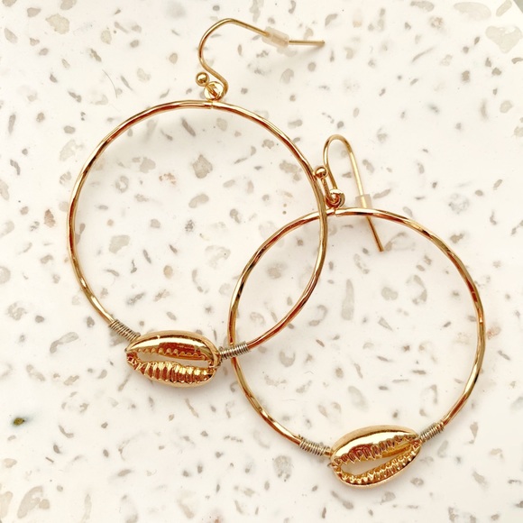Gold Cowrie Shell Hoop Dangle Earrings - Picture 3 of 4